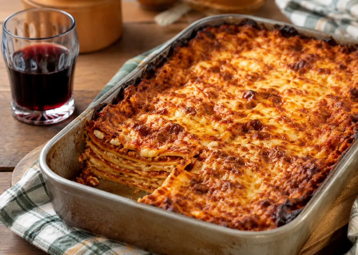 Baked vincisgrassi lasagna in a metal pan with a golden, bubbling cheese crust and a glass of red wine