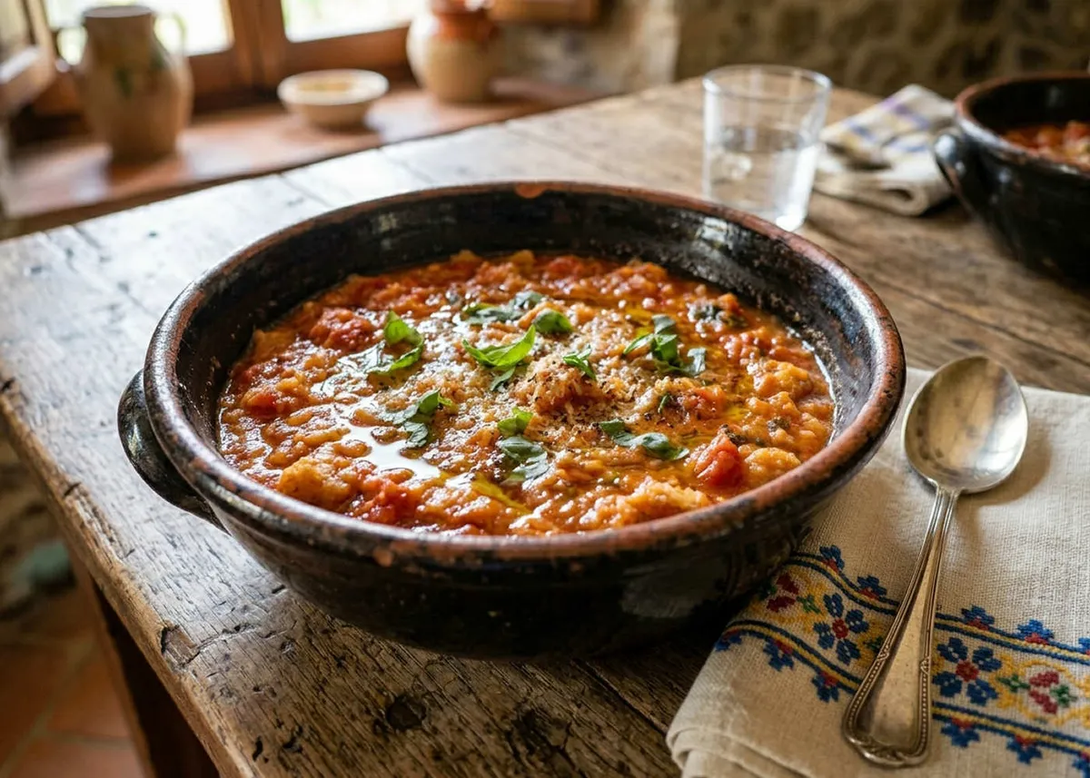 Rustic dark bowl of Tuscan pappa al pomodoro, a thick tomato and bread soup, topped with fresh herbs
