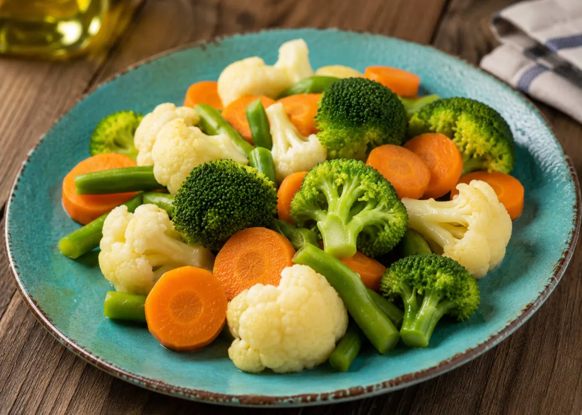 Steamed broccoli, cauliflower, carrots and green beans on a turquoise plate