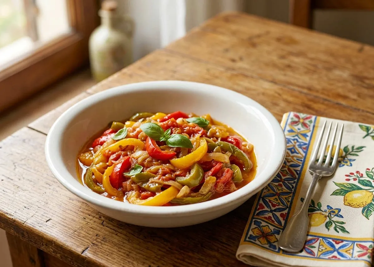 Bowl of peperonata with stewed red, yellow and green bell peppers and a basil leaf, next to a fork on a patterned napkin