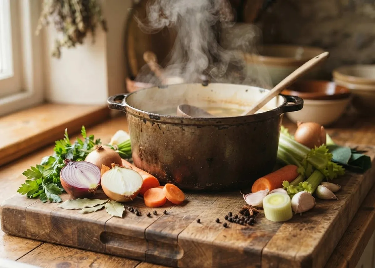 Steaming pot of vegetable broth on a rustic board with onions, carrots, celery and peppercorns