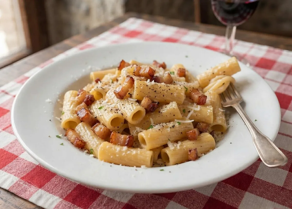 Rigatoni alla gricia with crispy guanciale and grated pecorino on a white plate over a red checkered cloth