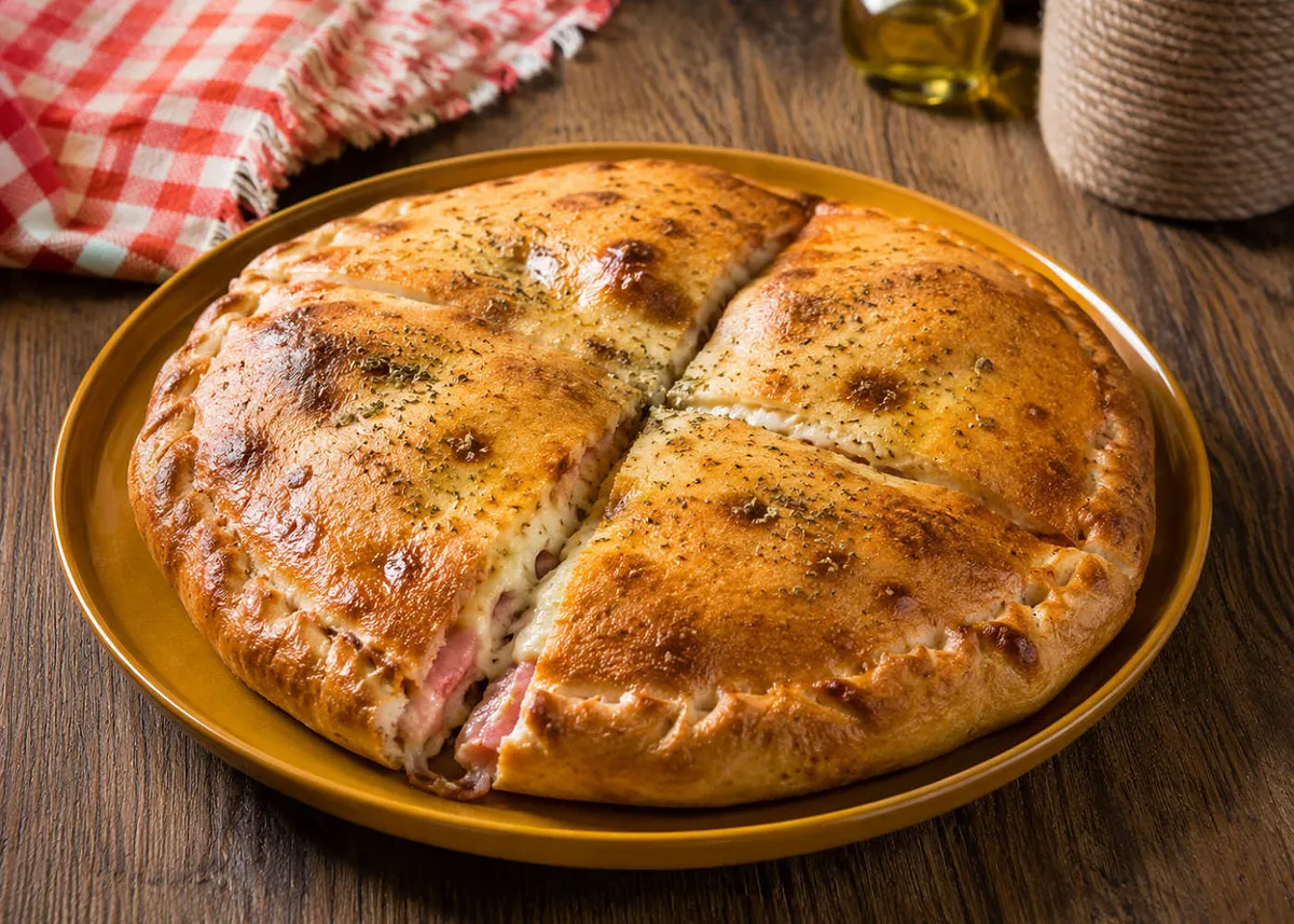 Sicilian pizzolo, a round golden stuffed flatbread cut into quarters on an amber plate