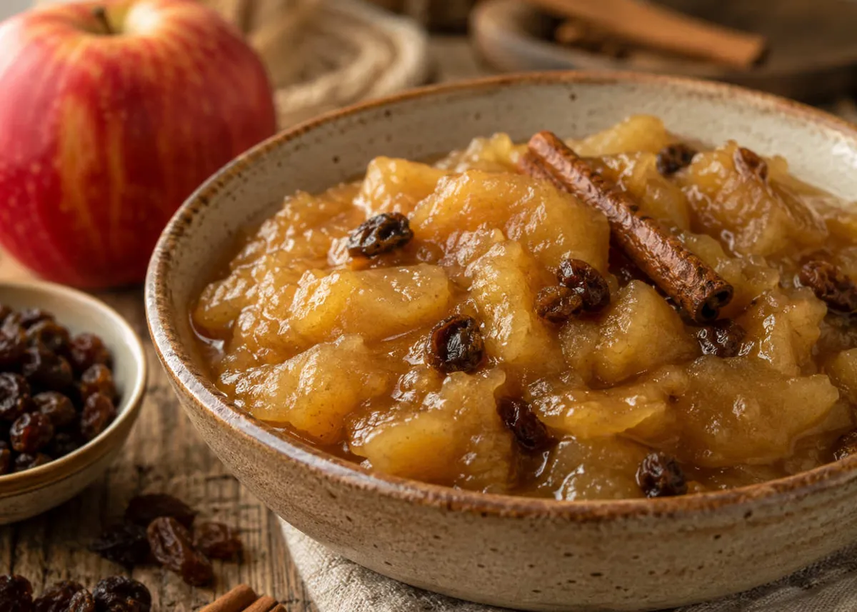 Bowl of La Meletta apple cinnamon compote topped with a cinnamon stick and raisins