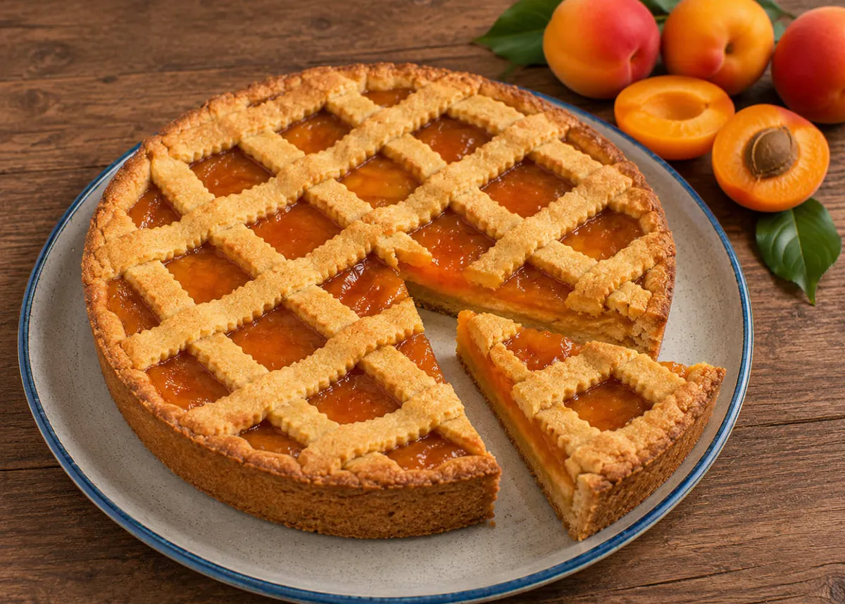 Apricot jam crostata with a lattice top and a slice cut out, surrounded by fresh apricots
