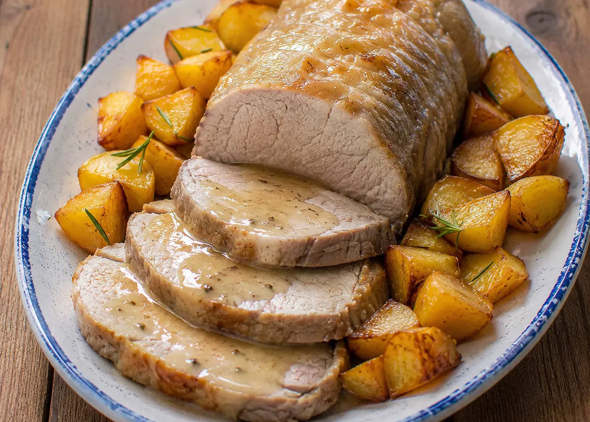 Sliced veal pot roast with pan gravy on a blue-rimmed platter, surrounded by golden roasted potatoes and rosemary