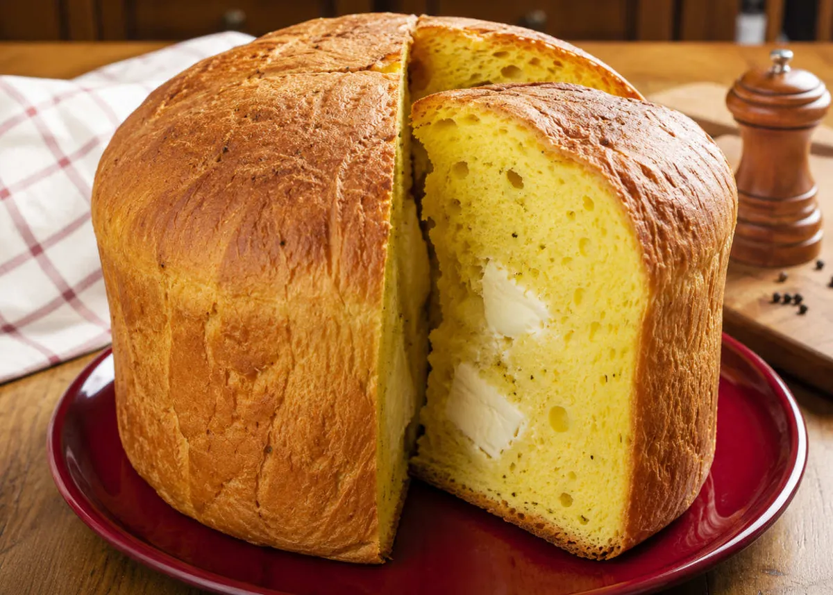Umbrian cheese bread, a tall golden loaf cut open to show the soft yellow crumb and cheese inside