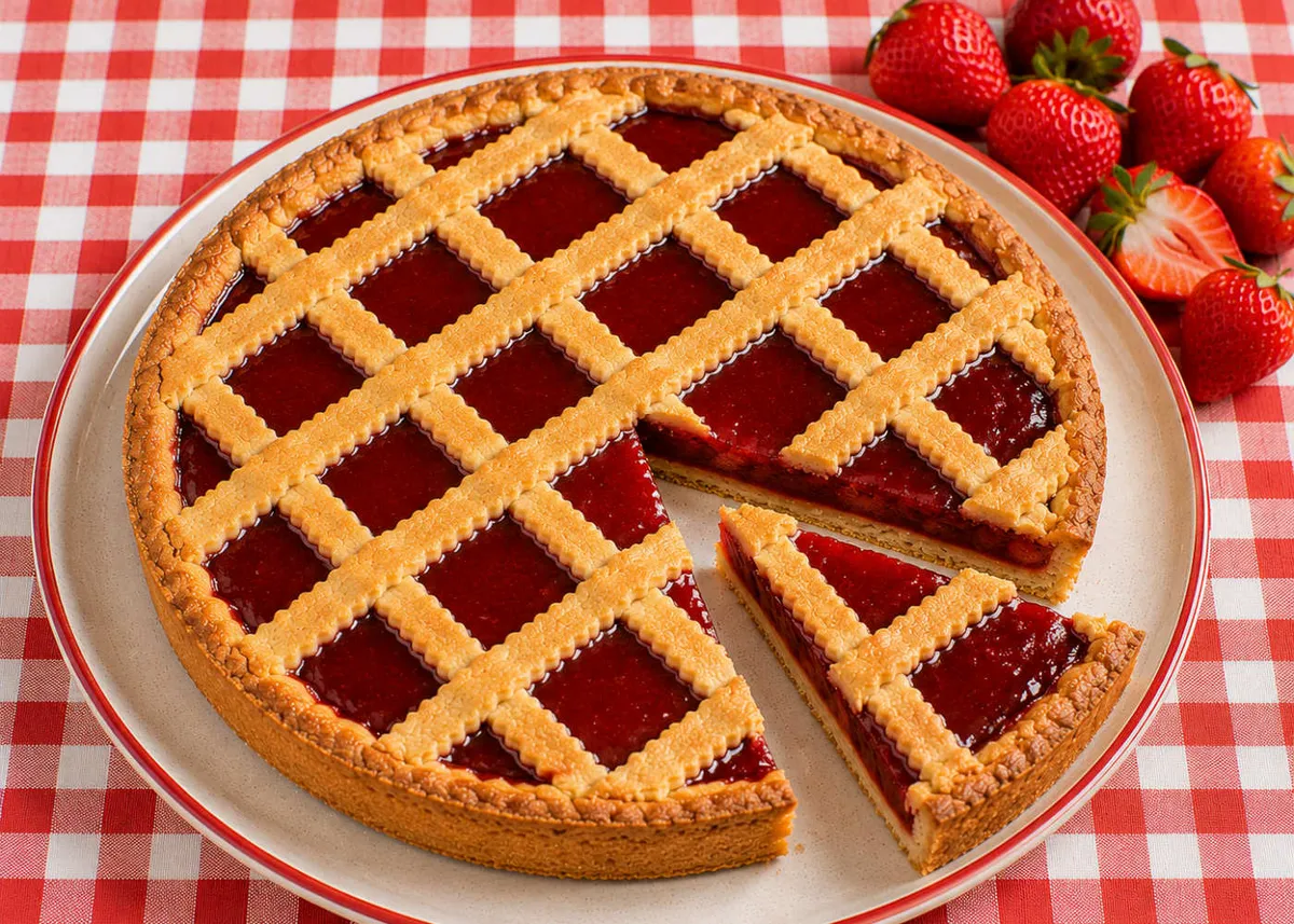 Strawberry jam crostata with a lattice top and a slice cut out, on a red checkered cloth with fresh strawberries