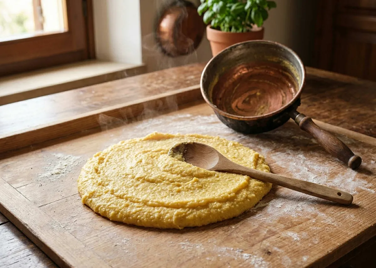 Creamy yellow polenta spread on a wooden board with a wooden spoon and a copper pot