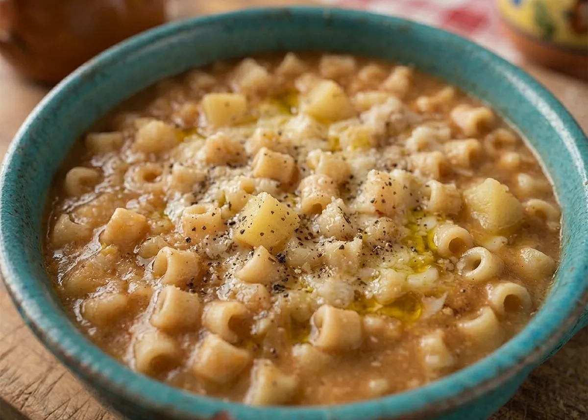 Teal bowl of Neapolitan pasta e patate with small pasta, potato chunks and grated cheese