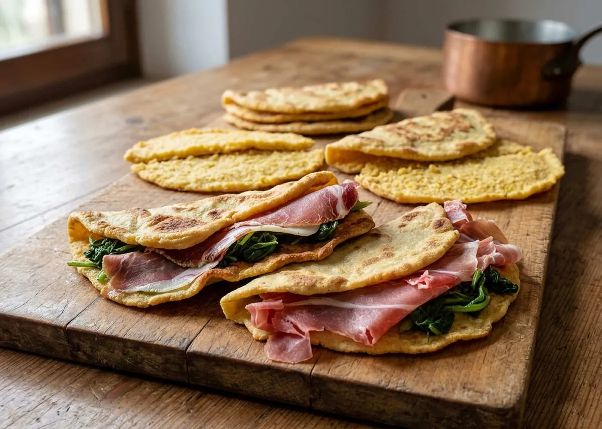 Crescia di polenta flatbreads stacked and folded around prosciutto and greens on a wooden board