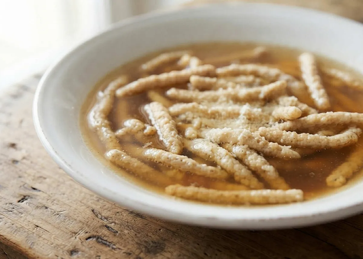 Short passatelli strands in a clear golden broth in a white bowl