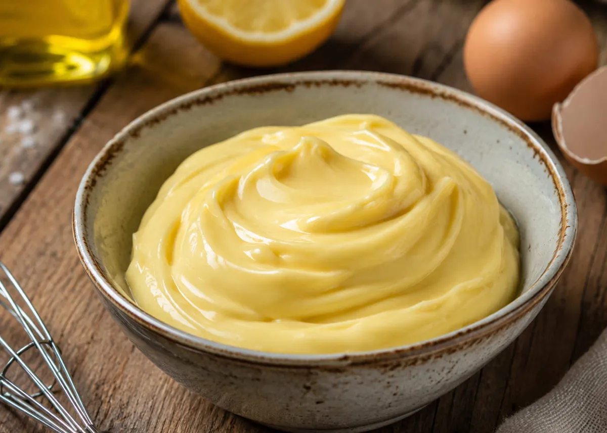 Bowl of smooth, pale yellow homemade mayonnaise swirled with a whisk, with a lemon and an egg behind it
