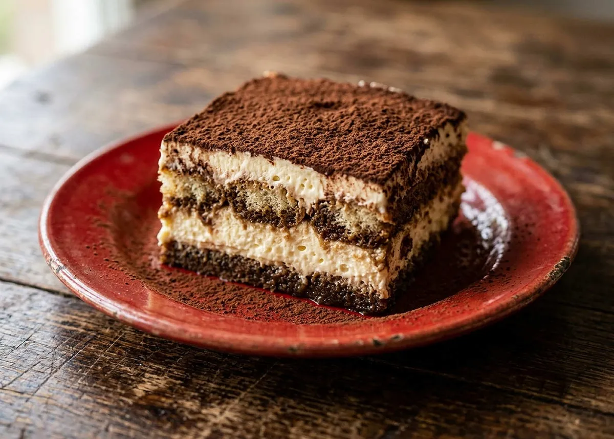 Slice of tiramisù dusted with cocoa on a red plate, showing layers of mascarpone cream and ladyfingers