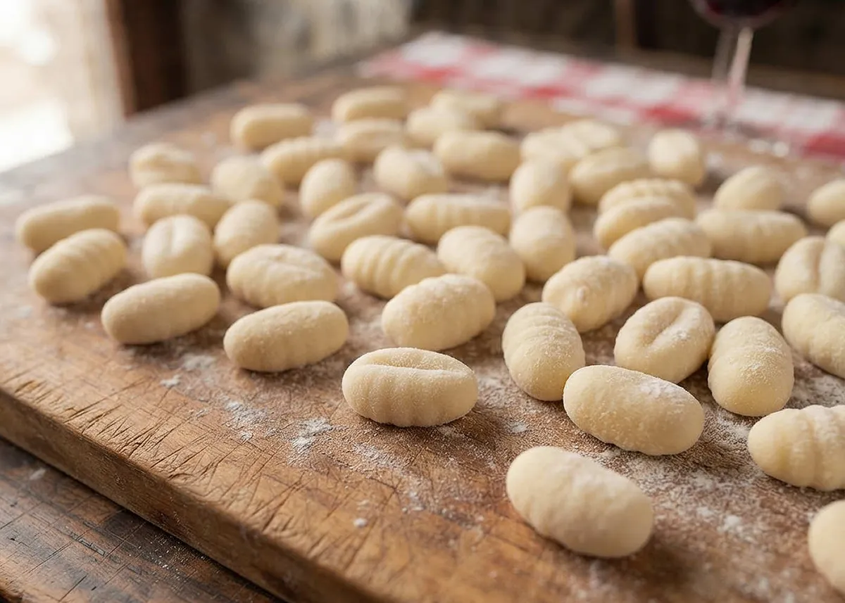 Fresh potato gnocchi with ridged shapes resting on a floured wooden board