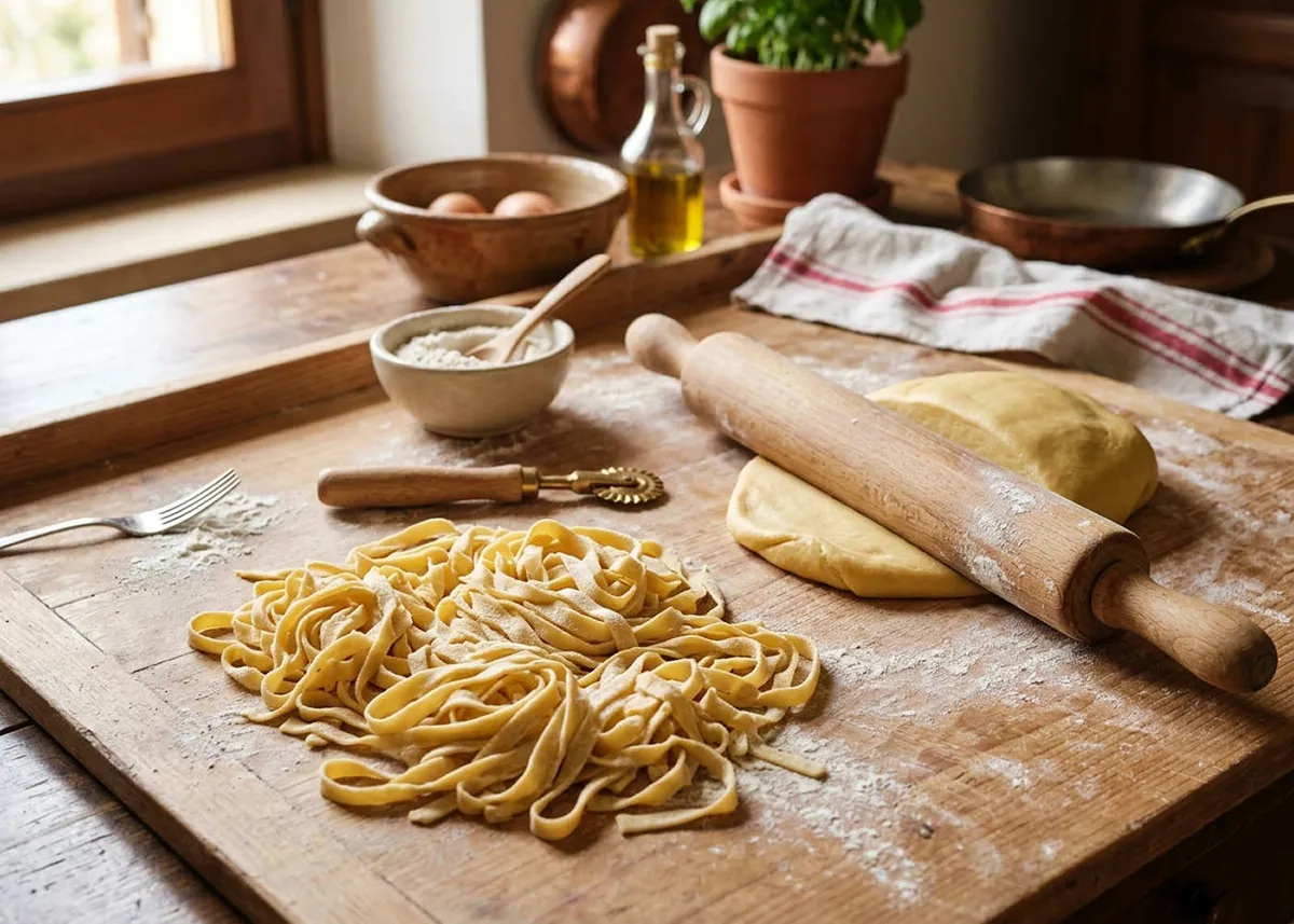 Fresh homemade egg pasta tagliatelle on a floured board next to a rolling pin and a sheet of dough