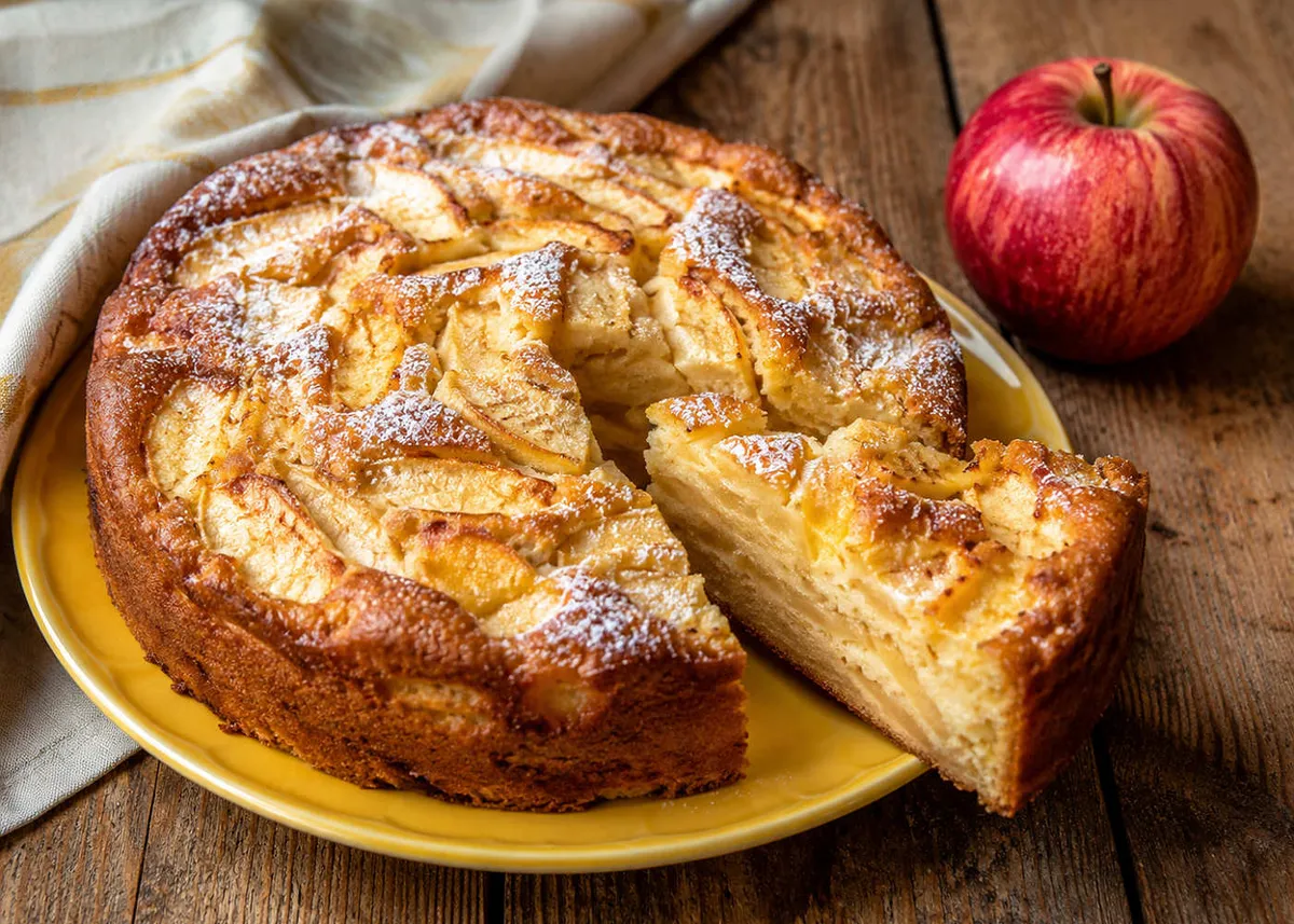Italian apple cake dusted with powdered sugar on a yellow plate, with a slice cut out and a red apple beside it
