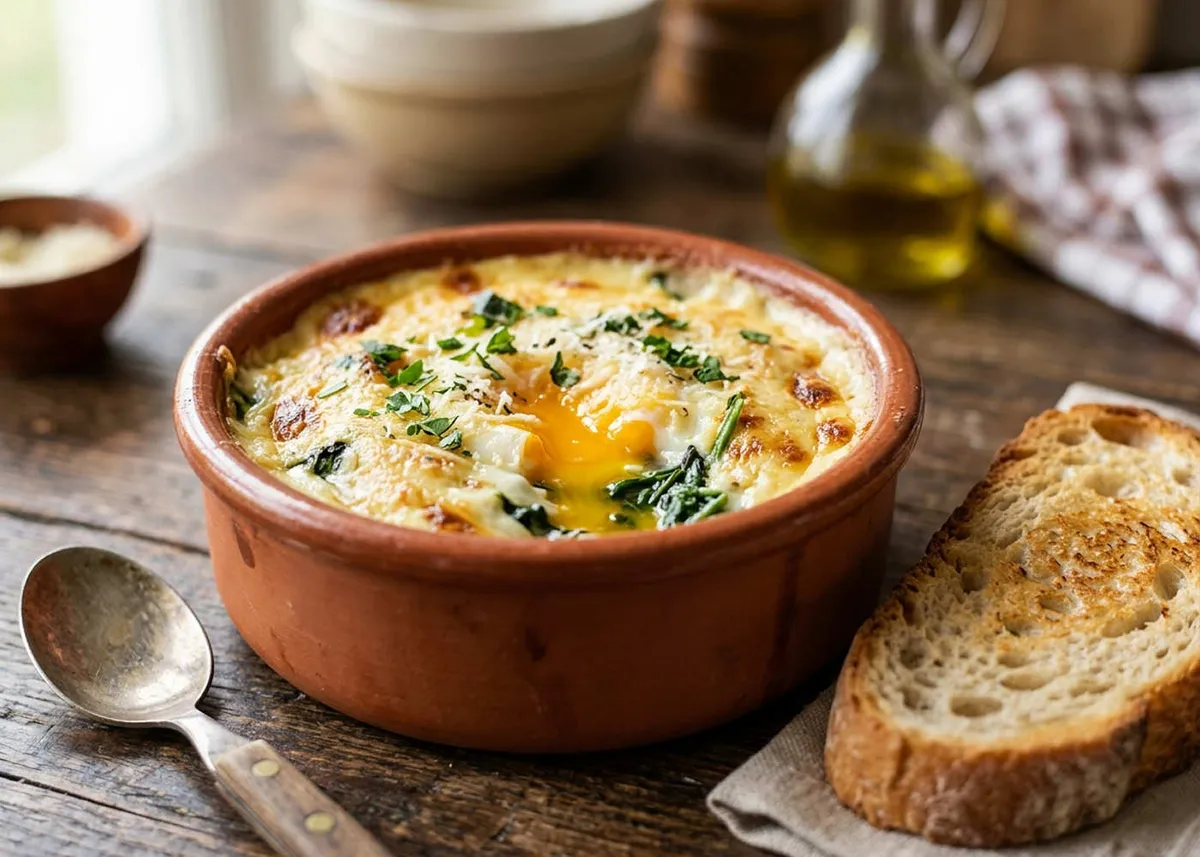 Baked Eggs Florentine in a terracotta ramekin, golden Parmesan béchamel over spinach