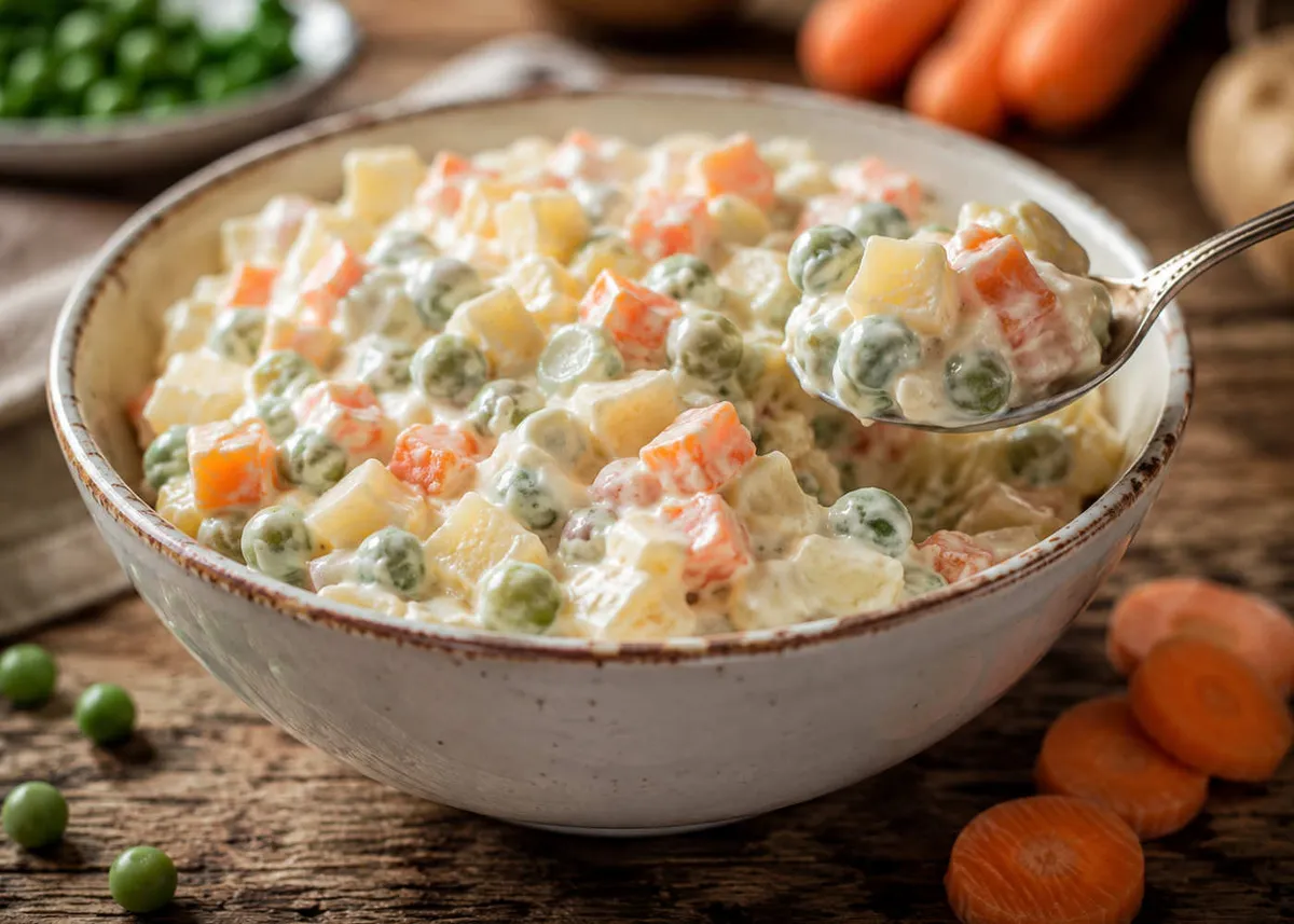 Creamy Insalata Russa in a white ceramic bowl, diced potatoes and carrots visible