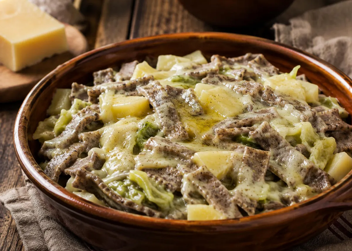 Pizzoccheri della Valtellina layered with melted mountain cheese and golden garlic butter