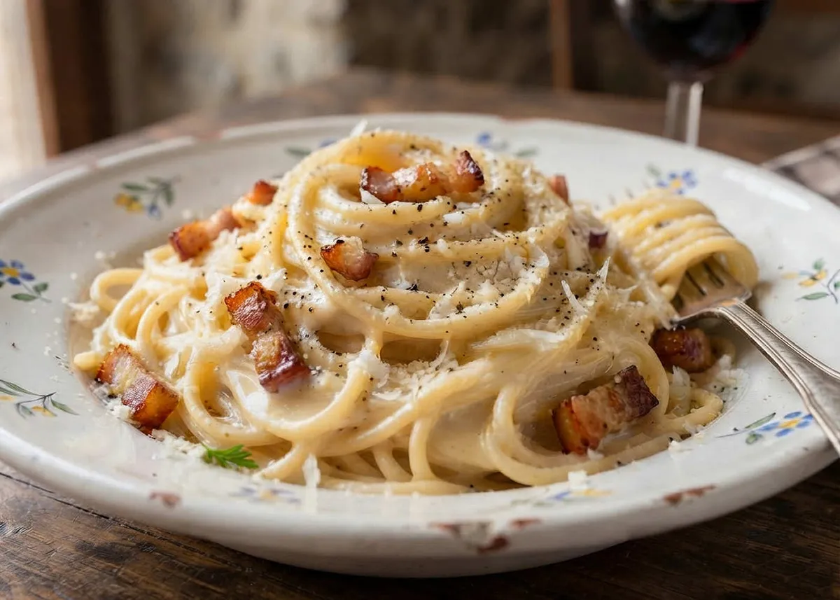 Spaghetti alla carbonara twirled on a fork, with crispy guanciale and creamy egg sauce on a floral plate