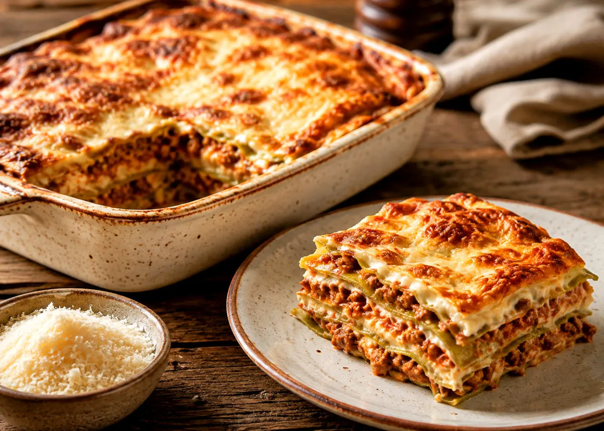 Baked Lasagna Bolognese in a ceramic dish, golden top with a slice cut and plated on the side