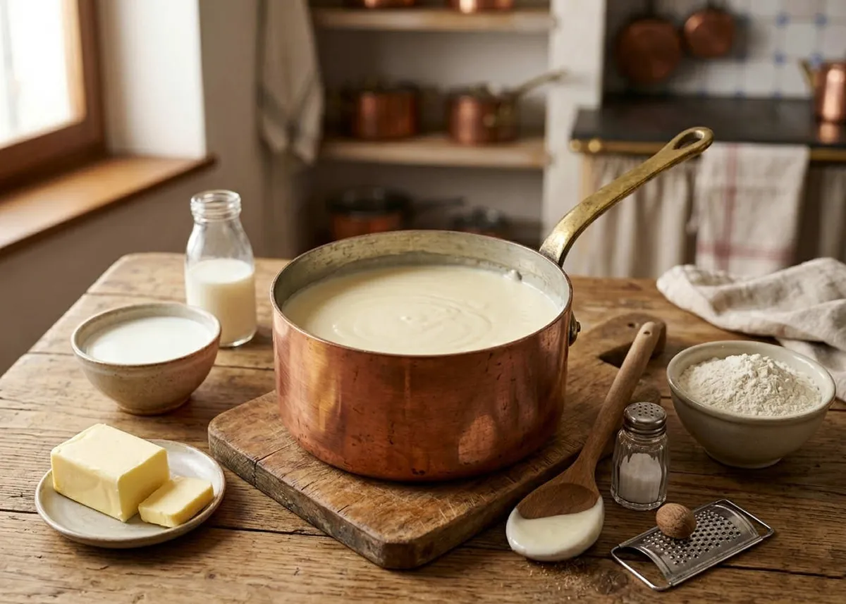 Copper saucepan of creamy béchamel sauce with butter, milk and flour on a rustic table