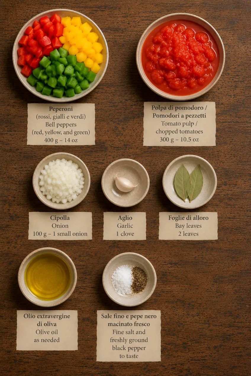 Ingredients for Italian Peperonata flat lay, including bell peppers, tomato pulp / chopped tomatoes and onion