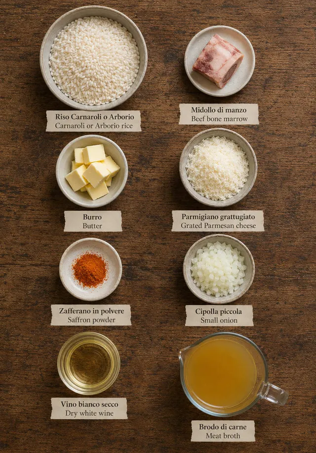Ingredienti del risotto alla milanese visti dall'alto: riso carnaroli o arborio, midollo di bue e burro