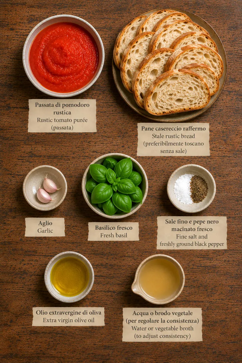 Ingredients for Tuscan Pappa al Pomodoro flat lay, including rustic tomato purée, stale rustic bread and garlic