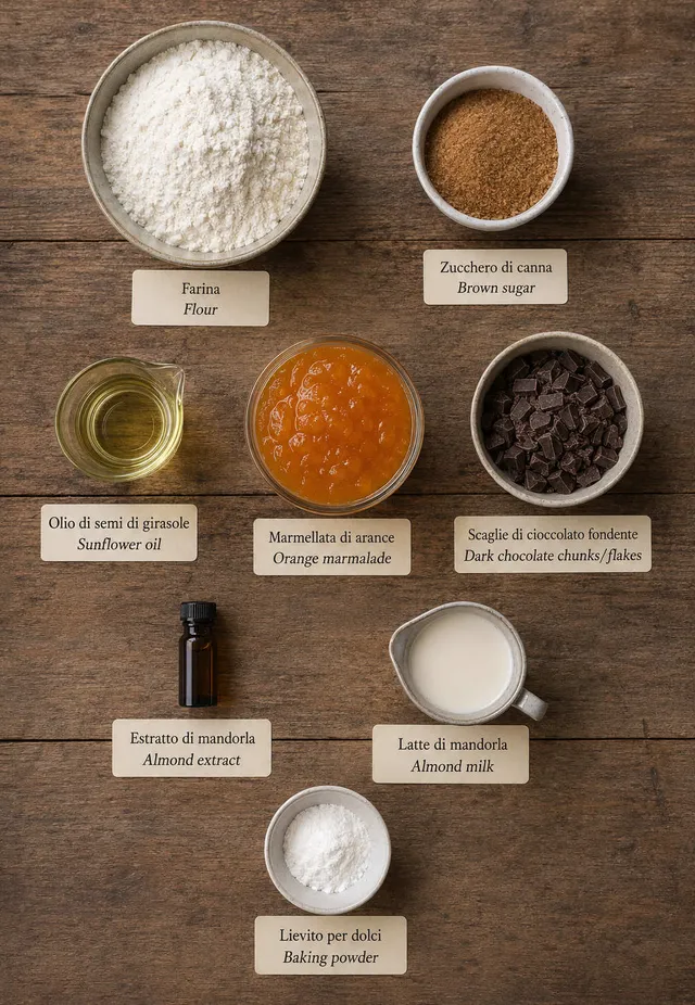 Ingredients for Vegan Eggless Orange Marmalade and Chocolate Chip Cake flat lay, including flour, brown sugar and sunflower oil