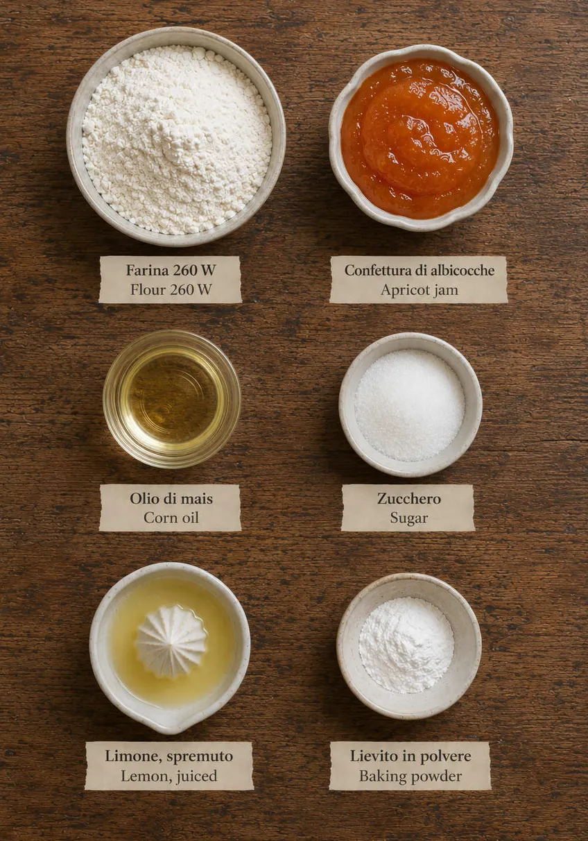 Ingredients for Eggless Jam Cake Recipe flat lay, including flour 260 w, apricot jam and corn oil