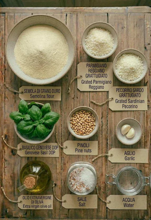 Ingredientes das trofie ao pesto vistos de cima, incluindo sêmola de trigo duro, água em temperatura ambiente e manjericão genovês DOP