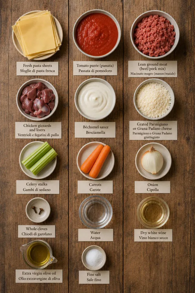 Ingredients for Le Marche Style Baked Lasagna flat lay, including fresh pasta sheets, tomato purée and lean ground meat