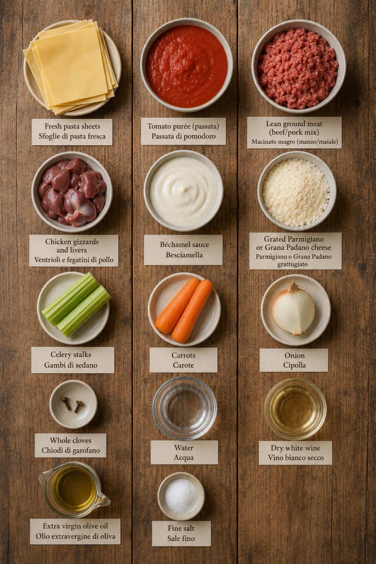 Ingredients for Le Marche Style Baked Lasagna flat lay, including fresh pasta sheets, tomato purée and lean ground meat