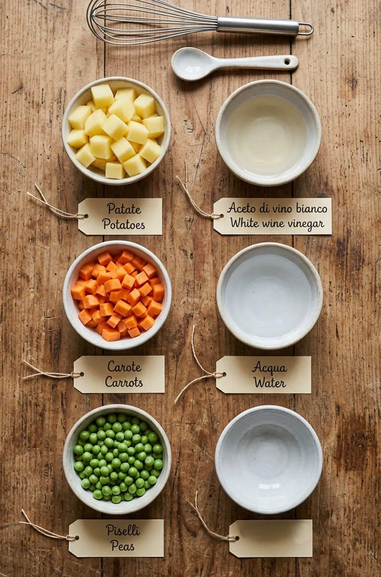 Ingredients for Steamed Vegetables Recipe: Vibrant and Healthy Italian Side Dish flat lay, including potato, carrots and peas