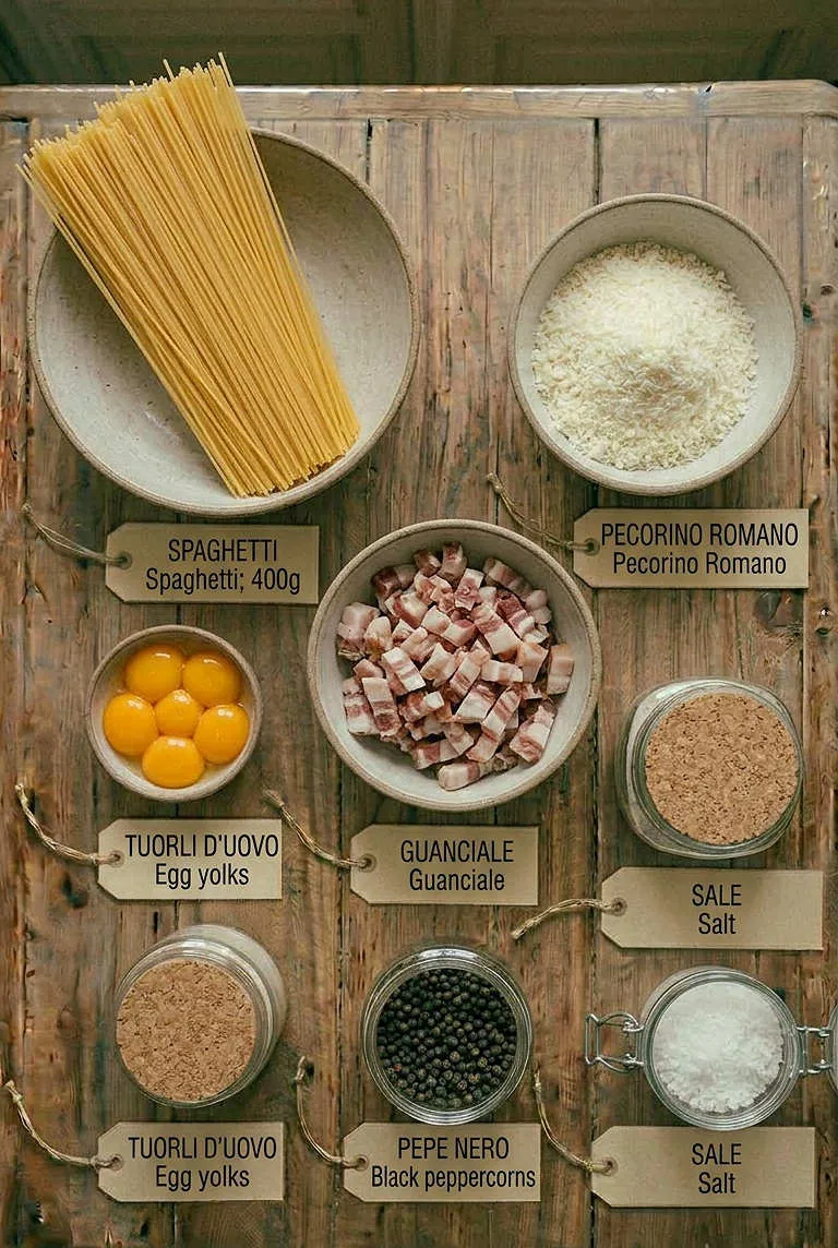 Ingredients for Spaghetti alla Carbonara flat lay, including spaghetti, guanciale and pecorino romano