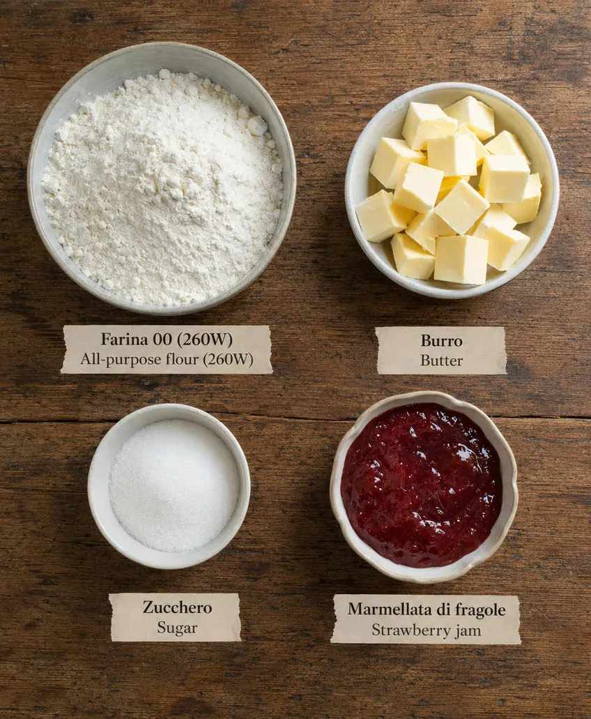 Ingredients for Strawberry Jam Tart flat lay, including all-purpose flour, butter and sugar