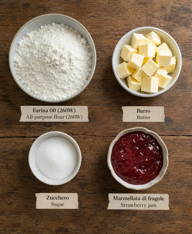 Ingredients for Strawberry Jam Tart flat lay, including all-purpose flour, butter and sugar