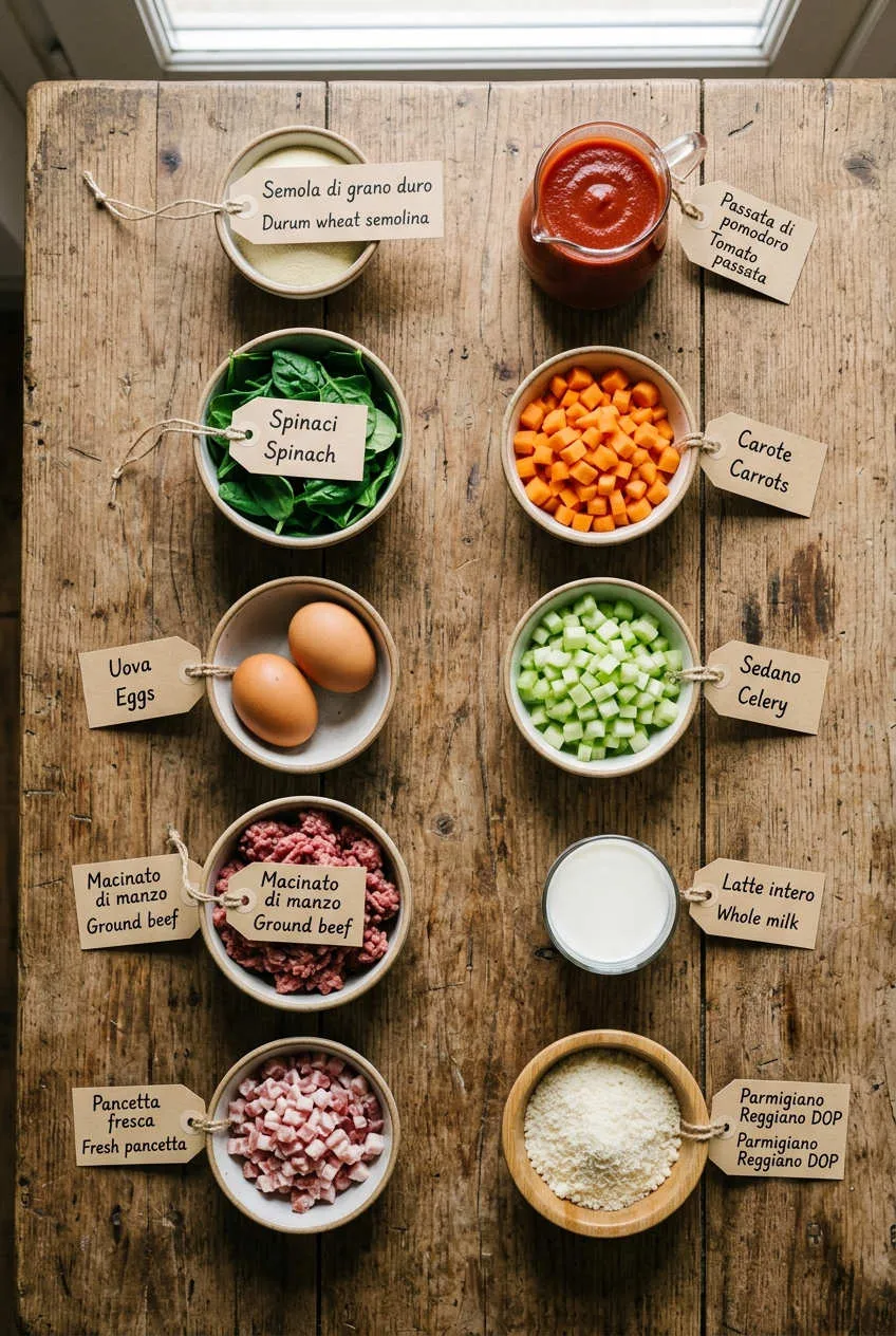 Ingredients for Lasagna Bolognese arranged in labeled bowls, including semolina, spinach, ground beef, and Parmigiano Reggiano