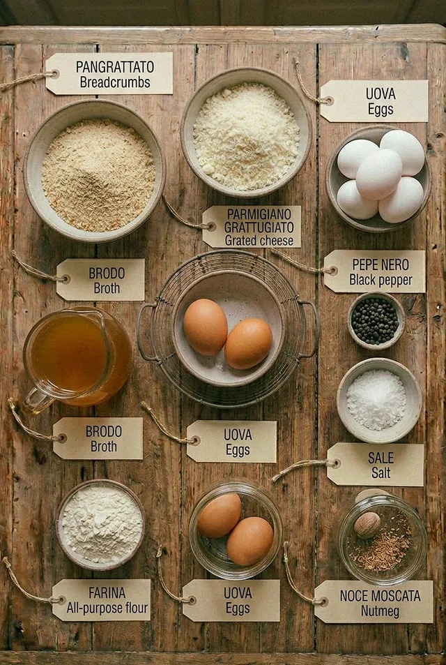 Ingredients for Passatelli alla Marchigiana flat lay, including breadcrumbs, all-purpose flour and grated parmigiano reggiano
