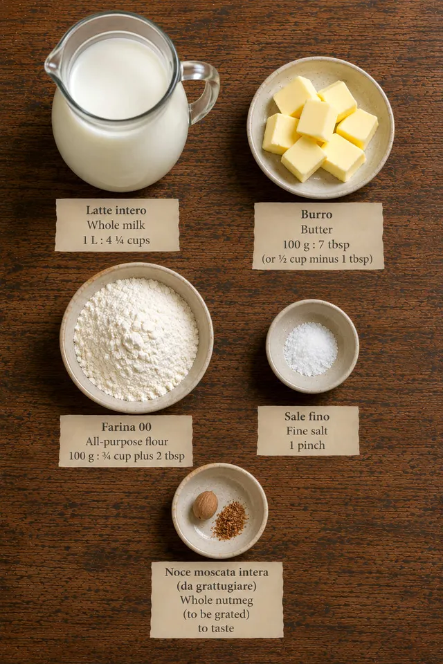 Ingredients for Italian Béchamel Sauce flat lay, including whole milk, butter and all-purpose flour