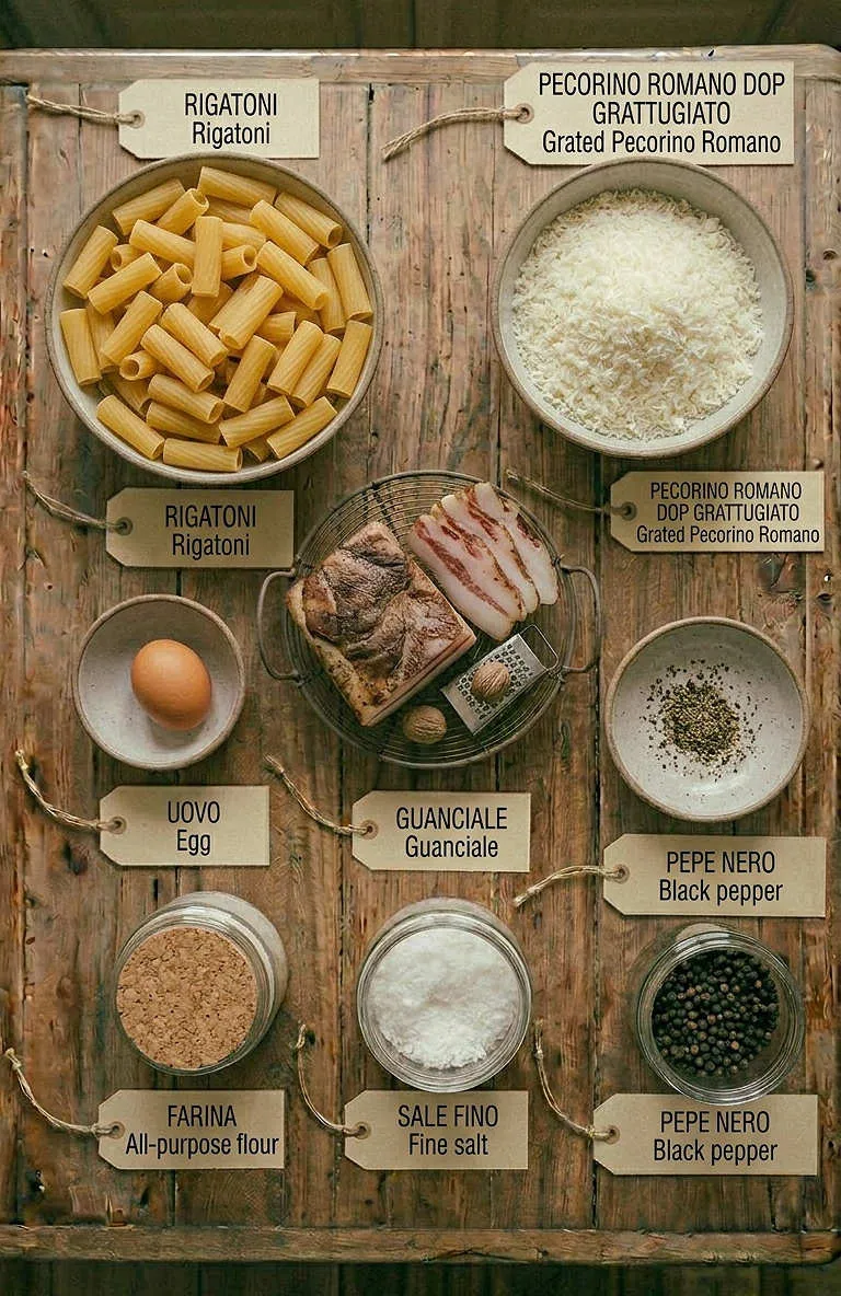 Ingredients for Rigatoni alla Gricia flat lay, including rigatoni, guanciale and grated pecorino romano dop
