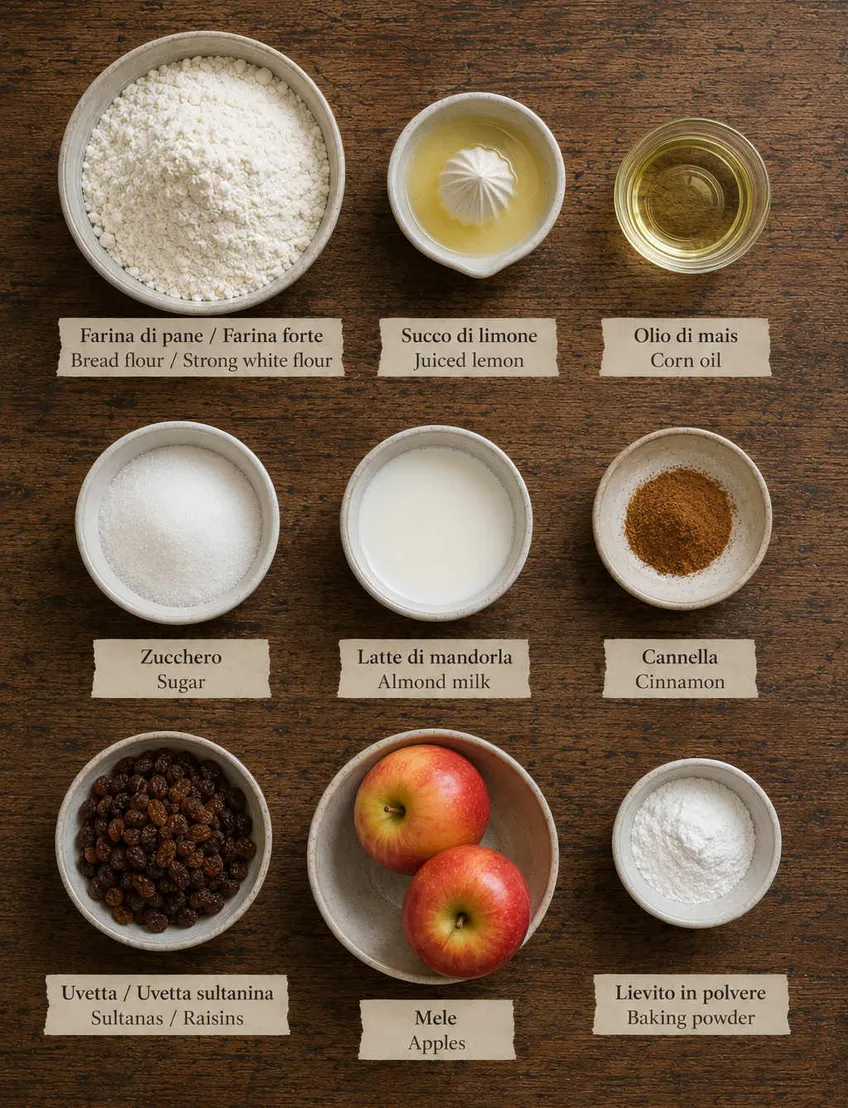Ingredients for Easy Vegan Apple Cinnamon Cake Recipe flat lay, including bread flour / strong white flour, juiced lemon and corn oil