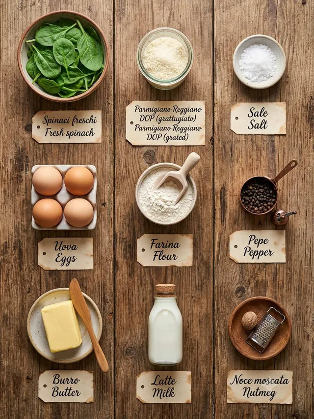 Flat-lay of ingredients for Italian Eggs Florentine, labeled bowls of spinach, eggs, and Parmigiano Reggiano