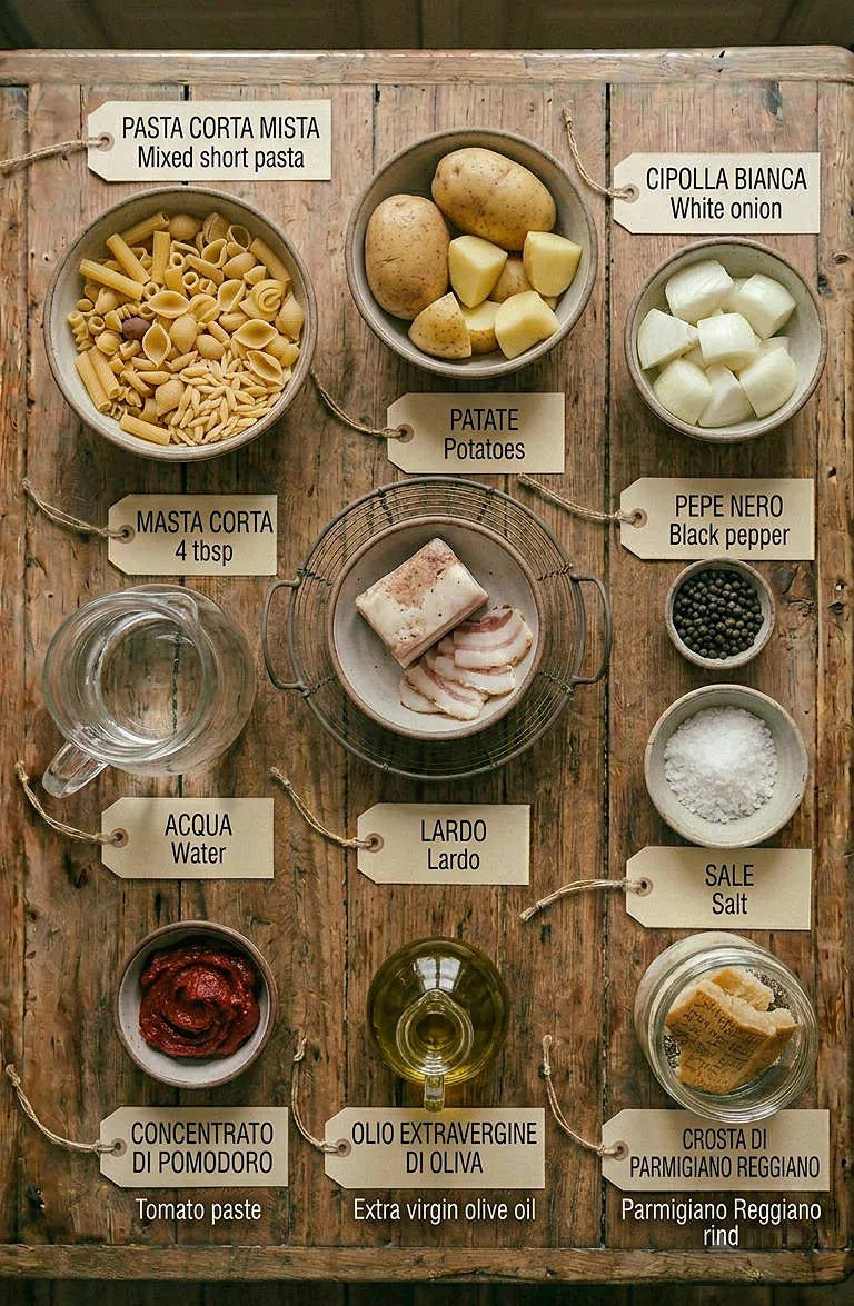 Ingredients for Neapolitan Pasta and Potatoes flat lay, including mixed short pasta, potatoes and white onion