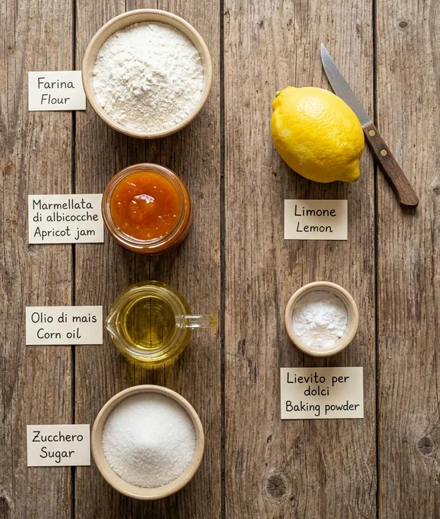 Ingredients for Vegan Italian Jam Cake flat lay, including strong wheat flour, apricot jam and corn oil