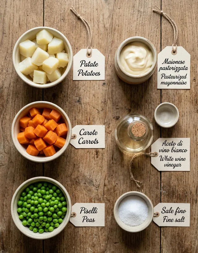 Flat-lay of ingredients for Italian Russian Salad, labeled bowls of potatoes, carrots, and peas