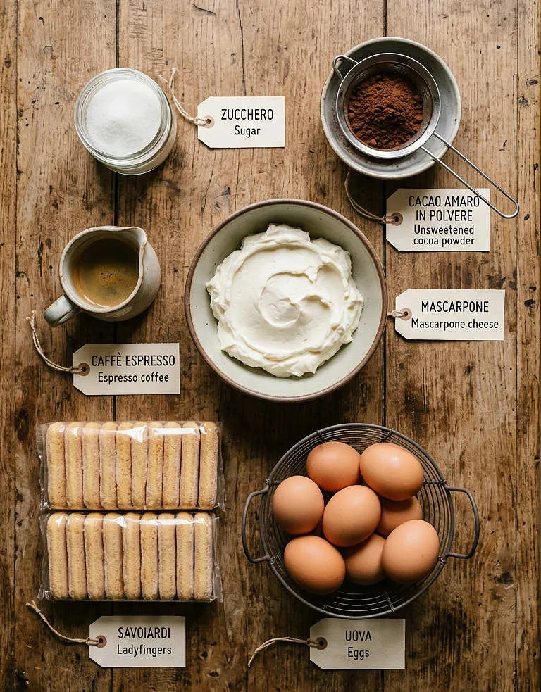 Ingredients for Authentic Italian Tiramisù flat lay, including mascarpone cheese, eggs and ladyfingers / savoiardi
