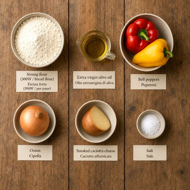Ingredients for Egg-Free Bell Pepper Flatbread flat lay, including strong flour, extra virgin olive oil and bell peppers